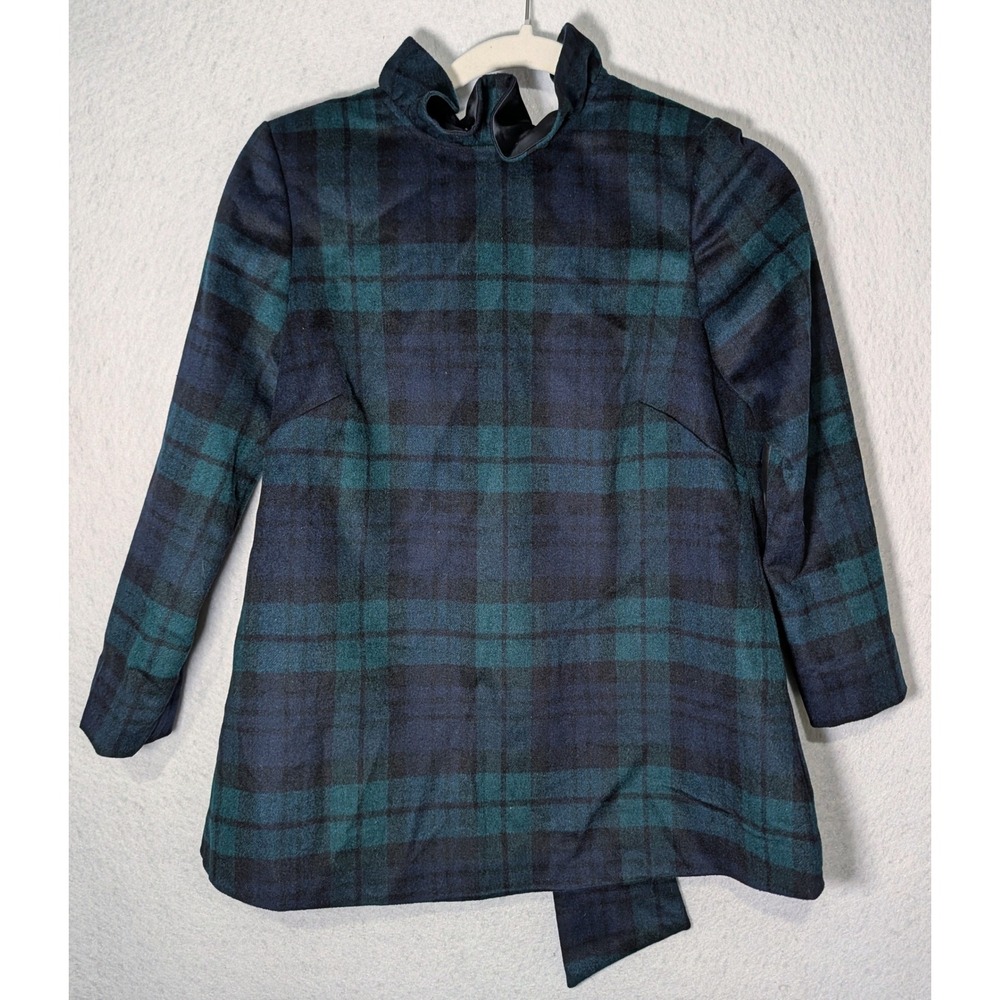 Tuckernuck Faye Blouse XS Blackwatch Plaid Wool Blend Ruffle Collar Bow Back